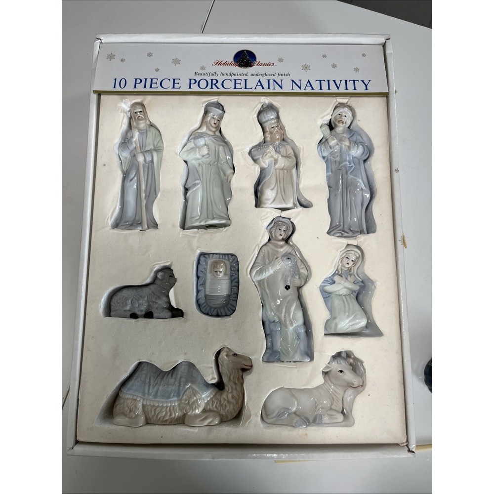 1991 Nativity Set Christmas 10 Piece Porcelain‎ Dynasty Classics White Blue